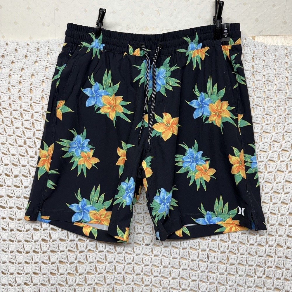 Hurley Swim Shorts Men's L Black Tropical Floral Surf Volley Beach UPF50+ NWT